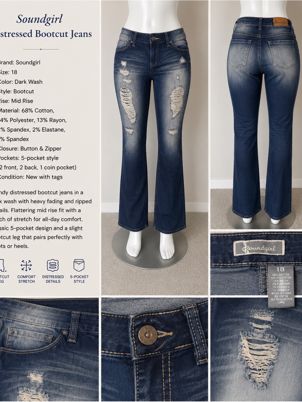 Soundgirl Dark Wash Distressed Bootcut Jeans - Blue